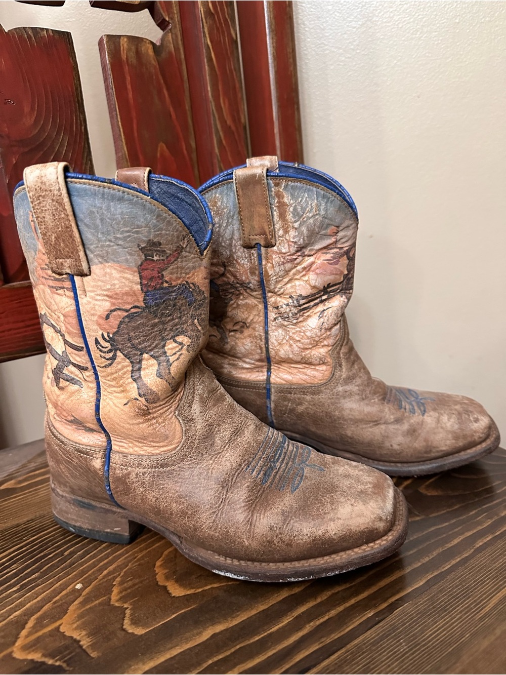Roper Kids Brown Tan Cowboy Boots with Blue Accents